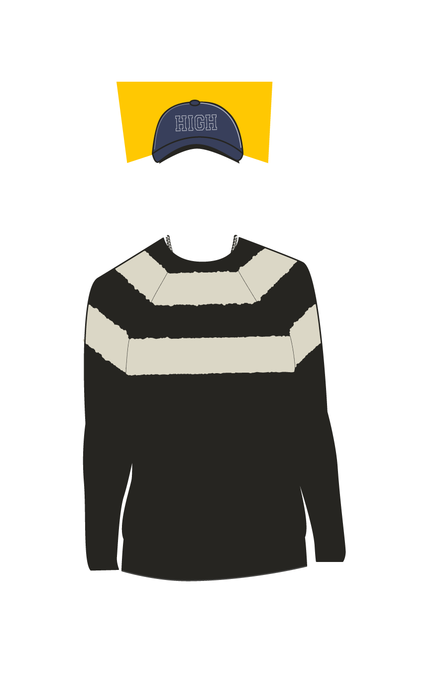 black sweater with two beige stripes at collar