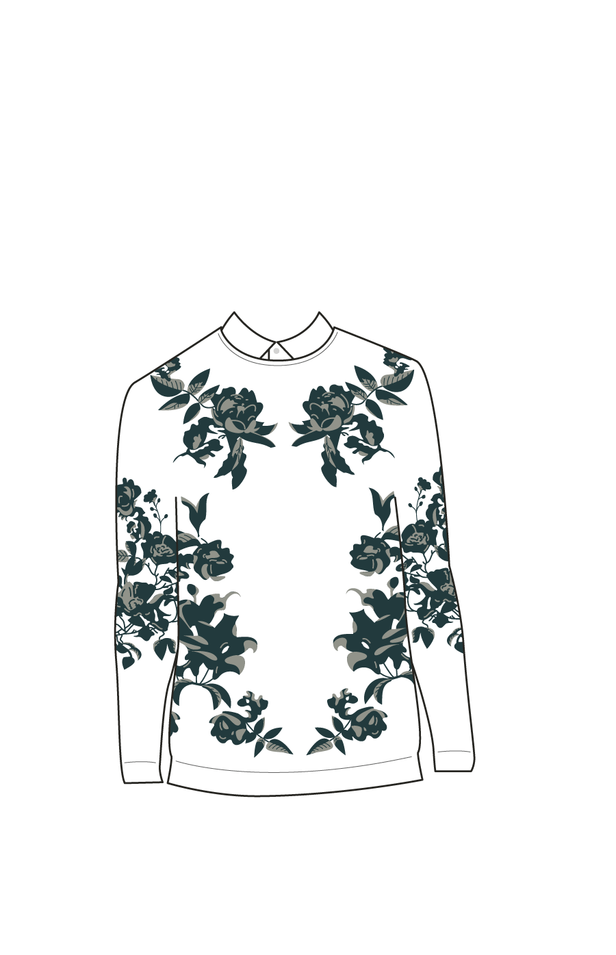 white sweater with black and grey flowers