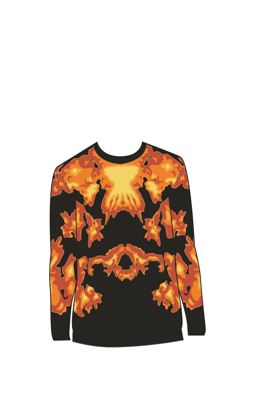 black sweater with red and orange fire pattern