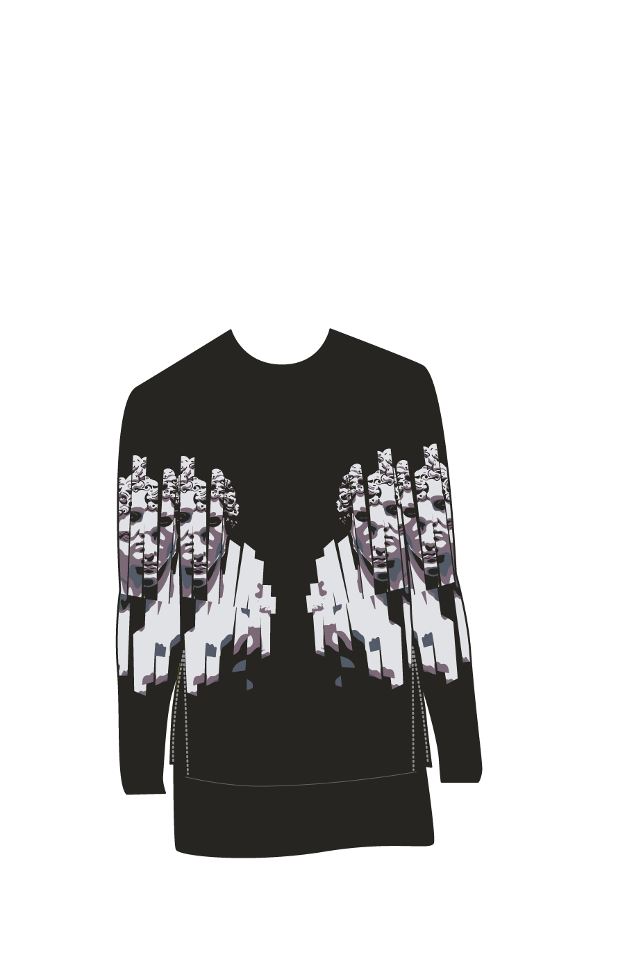 black sweater with sliced Hercules imagery on the sleeves