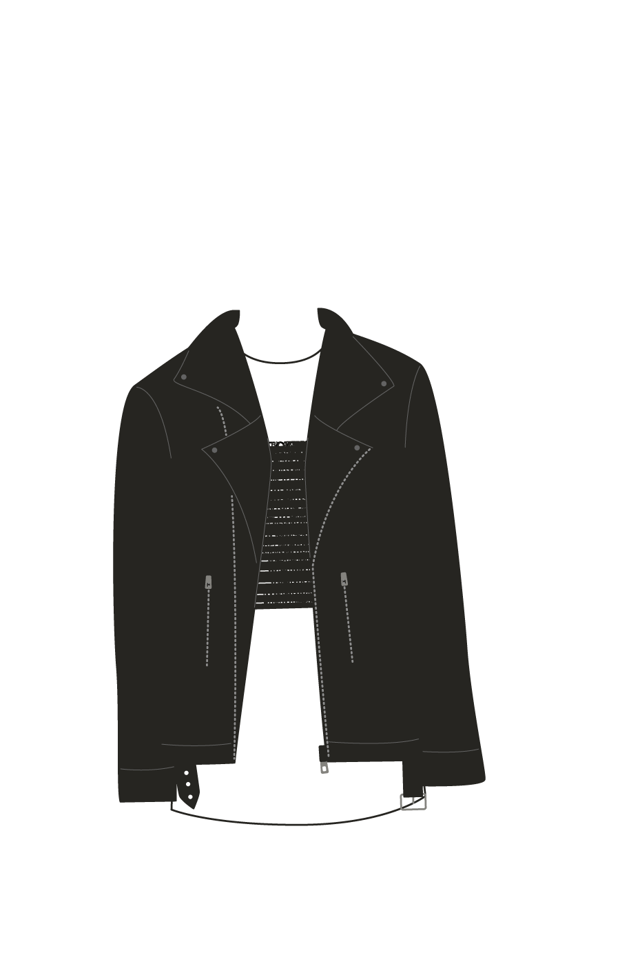 white t-shirt with black square and black leather jacket