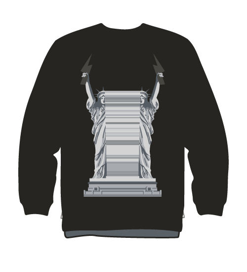 black sweater with statue of libery holding lightning bolts