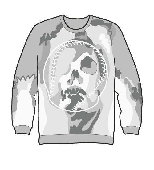grey sweater with smoky pattern, skull and baseball