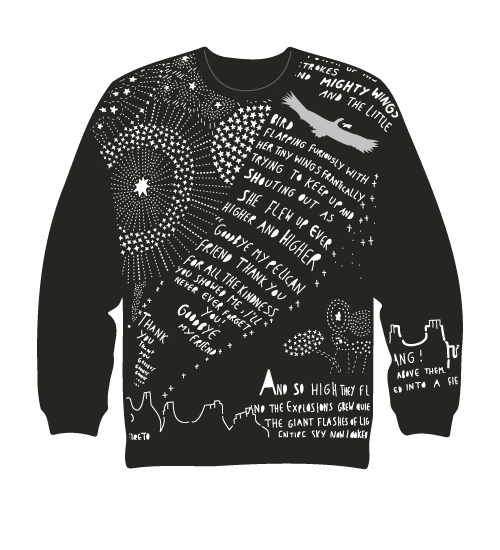 black sweater covered with white writing and fireworks