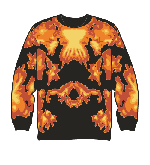 black sweater with red and orange fire pattern