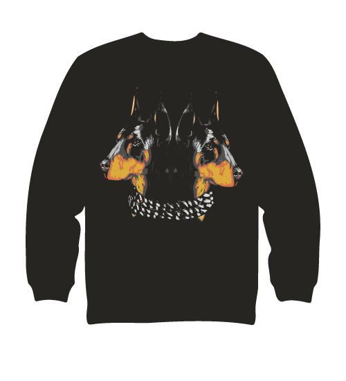 black sweater with two dobermans