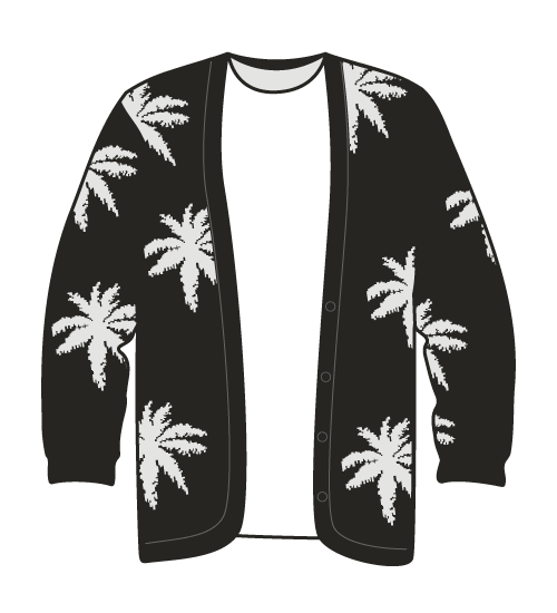 black cardigan with white palm trees pattern