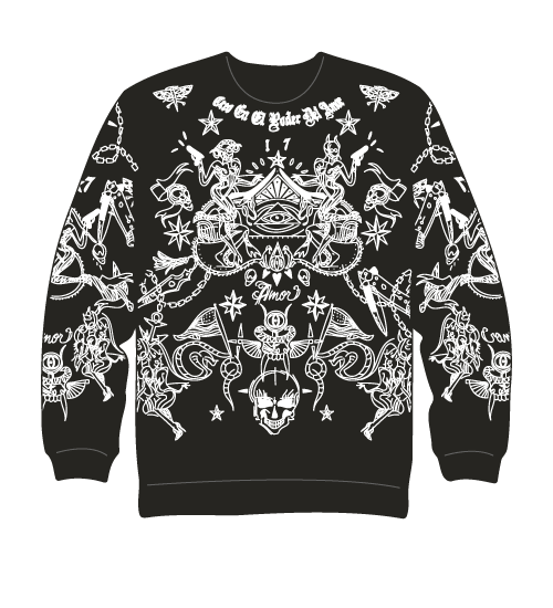 black sweater with white tattoo artwork