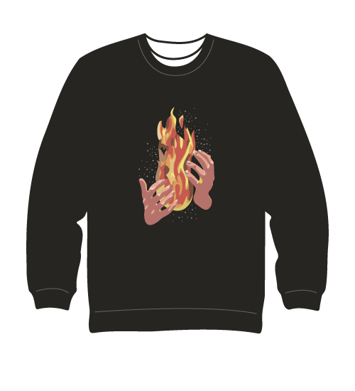 black sweater with two hands cupping fire